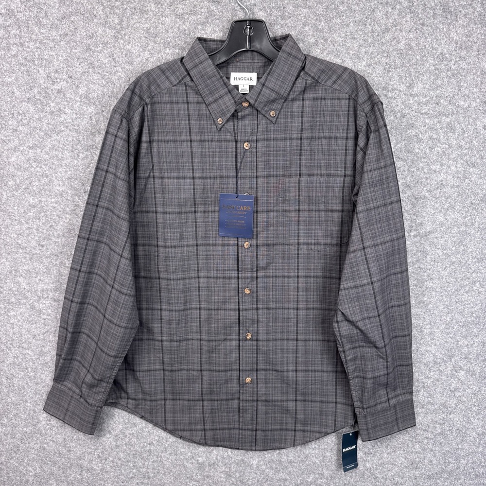 Haggar Button Down Shirt L Caviar Gray Plaid Cotton Blend Wrinkle Resistant NWT